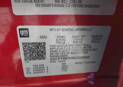 2022 Chevrolet Silverado 1500 Ltd 4Wd Short Bed Custom z USA, uszkodzony, nr VIN 1GCPYBEK5NZ229063